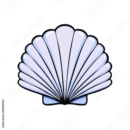 Pale Blue Scallop Shell Illustration with Black Outline Vividly Depicts Marine Life