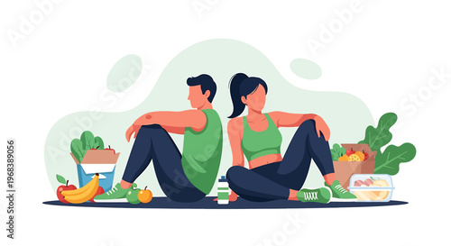 Couple Resting After Healthy Lifestyle Activities Surrounded by Food.