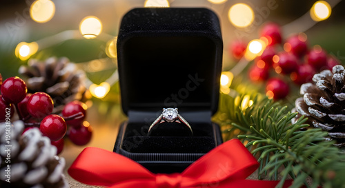Diamond engagement ring in open velvet box surrounded by festive Christmas decorations and bokeh lights perfect for holiday proposal concept