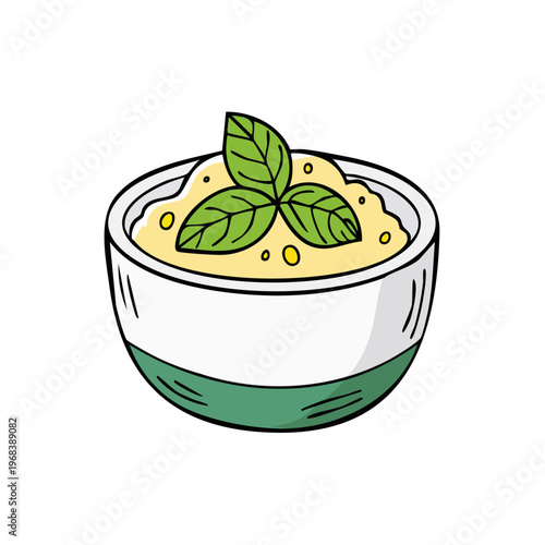Hand-drawn illustration of a bowl of creamy dip or hummus topped with fresh green basil leaves