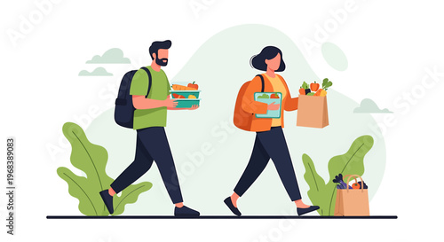 Couple Walking With Groceries And Shopping Bags.