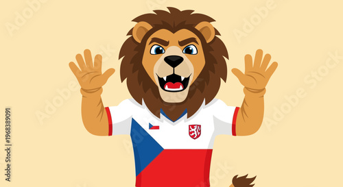 Cartoon Lion Mascot Wearing Czech Republic Flag Jersey, Cheering