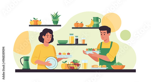 Couple washing dishes together in a modern kitchen.