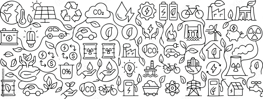 Fototapeta premium Collection of sustainable energy and ecology symbols with clean energy sources and environmental protection icons in a hand-drawn vector illustration doodle art