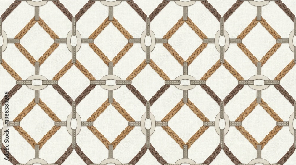 Fototapeta premium Soft western pattern wallpaper with braided strap diamonds, pale ivory links, saddle tan accents and airy equestrian symmetry, designed for calm rustic interiors and premium surface styling