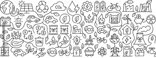 Collection of sustainable energy and ecology symbols with clean energy sources and environmental protection icons in a hand-drawn vector illustration doodle art