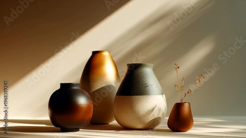 Elegant minimalist ceramic vases with striking light and shadow contrast