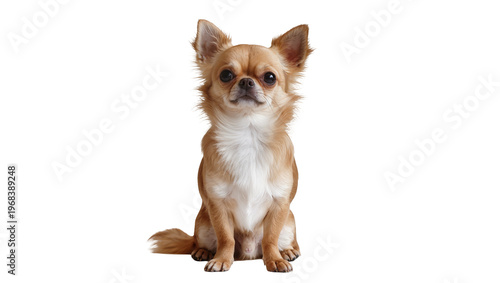 Fotografie Small fawn Chihuahua dog with large erect ears fluffy tail and alert expression,