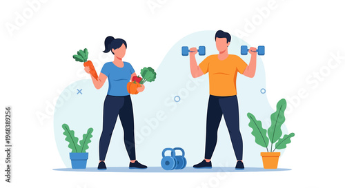 Man and woman exercising and eating healthy food.