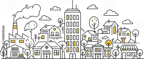 Detailed line art panorama showing a modern sustainable city with a school factory shop and houses hand drawn vector illustration doodle art