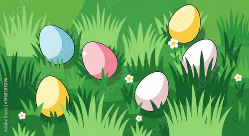 Colorful easter eggs hidden amongst vibrant green grass and small flowers
