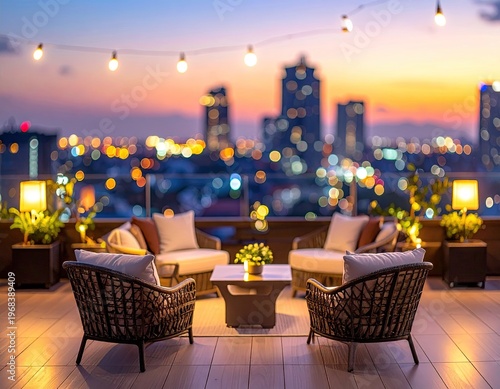 Cozy outdoor rooftop seating area with city skyline.