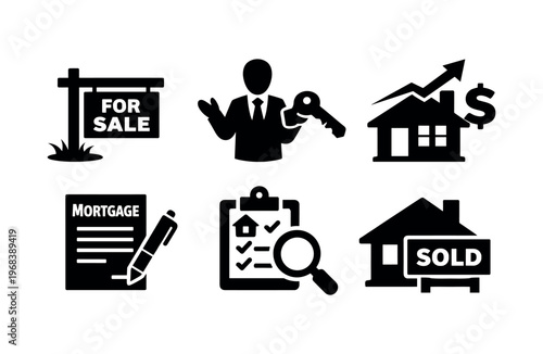 Home investment icon set. real estate, for sale, realtor, mortgage, property valuation, sold, inspection, checklist, house price. line, flat and colored vector icon set.