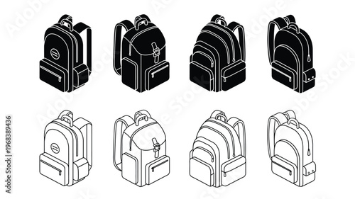 Variety of backpacks displayed in a minimalist black and white silhouette