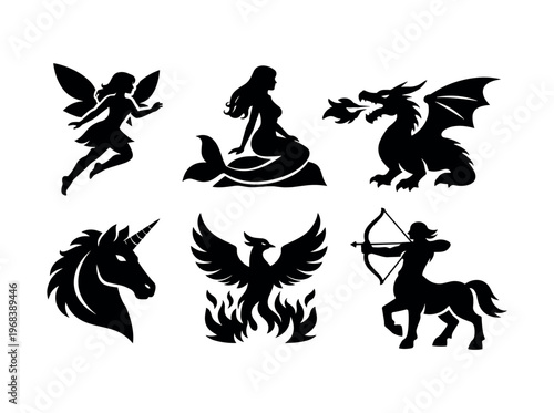 Fantasy creatures icon set. fairy, mermaid, dragon, unicorn, phoenix, centaur, mythical beasts and magic. line, flat vector icon set.