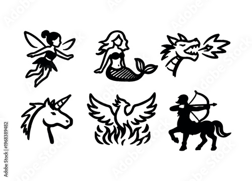 Fantasy creatures icon set. fairy, mermaid, dragon, unicorn, phoenix, centaur, mythical beasts, magic and fairy tale symbols. flat vector illustration.