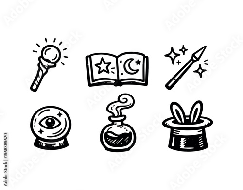 Magic icon set. wand, spellbook, magic wand, crystal ball, potion, top hat, rabbit, sorcery, wizardry, spells, mystic, enchanted. flat vector illustration.