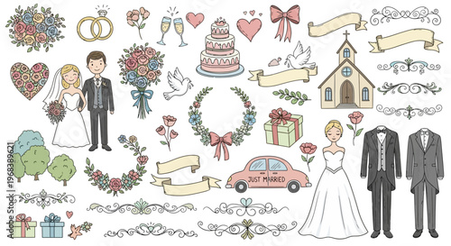 Colorful wedding essentials collection highlights a happy couple.