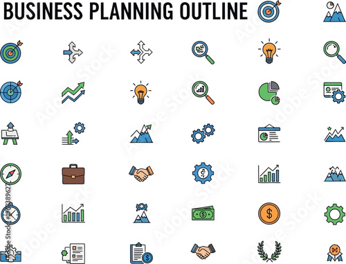 Business planning concepts illustrated with colorful icons and mountain imagery
