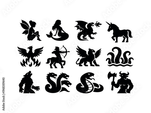 Fantasy creatures icon set. unicorn, dragon, phoenix, centaur, griffin, hydra, werewolf, sea serpent, minotaur and other mythic beasts. flat vector illustration.