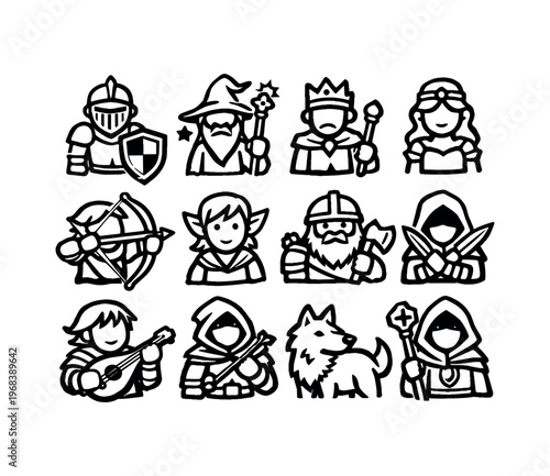 Medieval heroes icon set. knight, wizard, king, princess, archer, elf, dwarf, rogue, bard, ranger, cleric, wolf companion, adventurers. line and flat vector illustration.