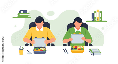 Two colleagues eating lunch at their desks in the office.