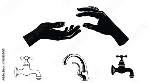 Hands offering and water taps depicted in a stark black silhouette