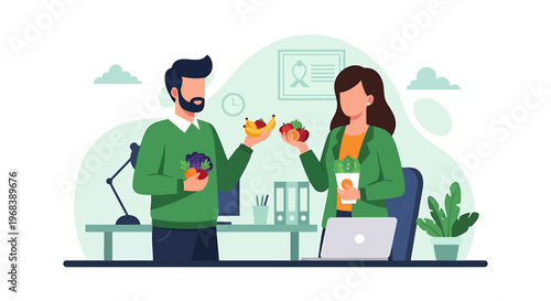 Two colleagues enjoying a healthy lunch break together in the office.