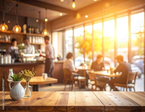 Cozy cafe interior with wooden table and warm sunlight.