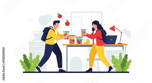Two people exchanging jars of food and apples.