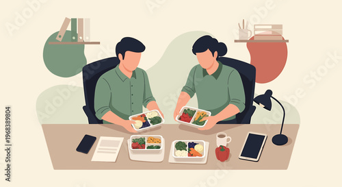 Two people enjoying healthy meal prep lunch boxes at a desk.