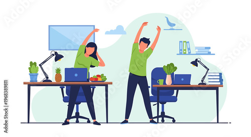 Two people stretching at their desks in an office environment.