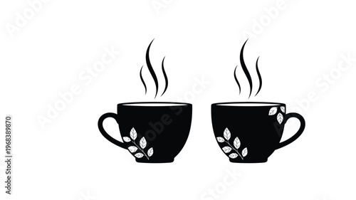 Two steaming coffee cups with floral designs a black silhouette