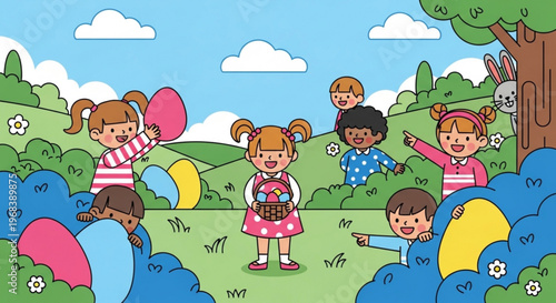Children enjoying an easter egg hunt in a vibrant green landscape