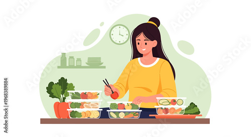 Woman preparing healthy food meals in containers for meal prep.