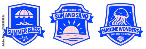 Retro Summer Beach Badge Set with Umbrella, Sunset Ocean, Jellyfish for Beach & Summer Club, Vintage Coastal Logo Design Flat Vector Illustration for T-Shirts, Stickers, Posters, and Resort Branding