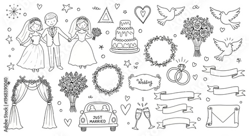 Illustrative wedding elements, including a happy couple, cake,.