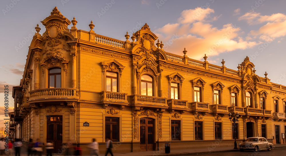 Fototapeta premium Ornate historic building facade with intricate architectural details bathed in golden hour sunlight representing heritage and classic design for travel or real estate concepts