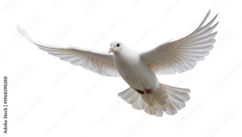 Obraz premium Elegant pure white dove in mid-flight with fully extended wings, gracefully soaring upwards isolated on transparent background for spiritual concepts