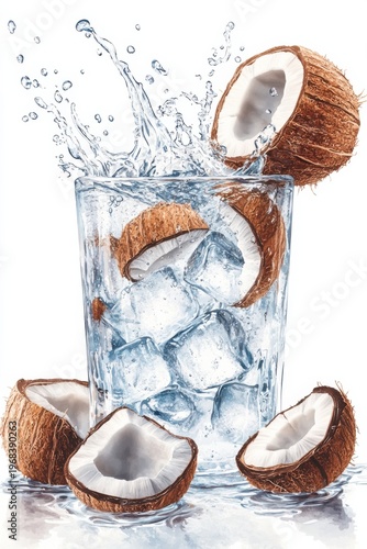 coconut water splash with ice and coconut pieces, isolated on white background