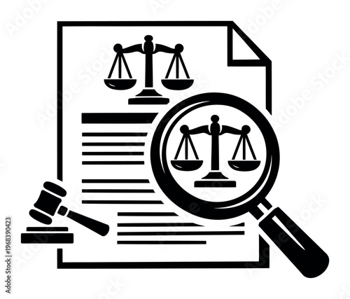 Legal document, justice scales, and gavel with a magnifying glass symbolizing law enforcement, investigation, and court verdict