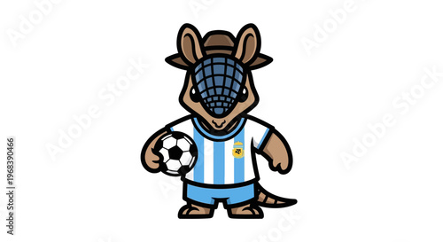 Cute Armadillo Mascot Holding Soccer Ball, Wearing Argentinian Jersey