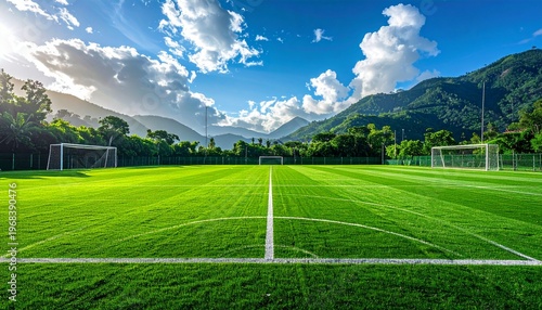 Soccer field background with lush green grass and empty goalposts, wide angle, no humans
