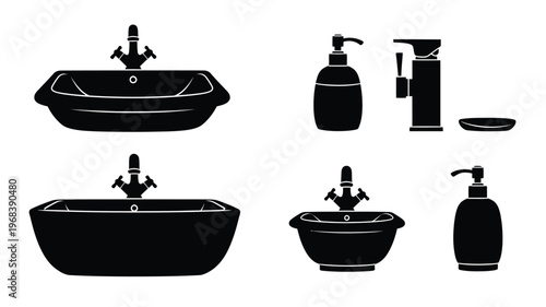 Black bathroom fixtures including sinks faucets and dispensers silhouette