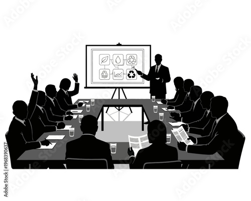 Business professionals attend a corporate presentation discussing environmental sustainability, with attendees engaged and raising questions during the meeting.