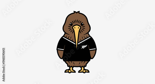 Cute cartoon kiwi bird wearing a black rugby jersey, New Zealand icon