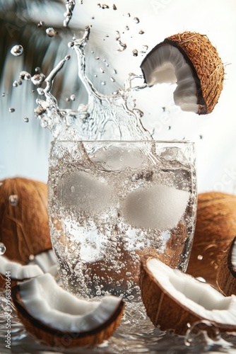 coconut water splash with ice and coconut pieces, isolated on white background