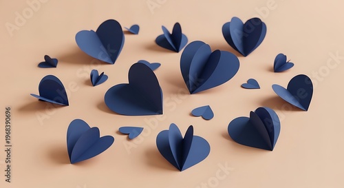 Navy blue paper hearts on peach background for romantic design