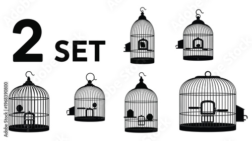 Black birdcages and a number two presented as a graphic silhouette