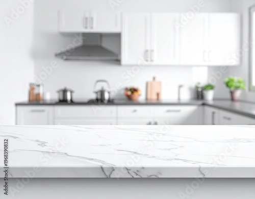 Modern White Kitchen Interior With Marble Countertop.